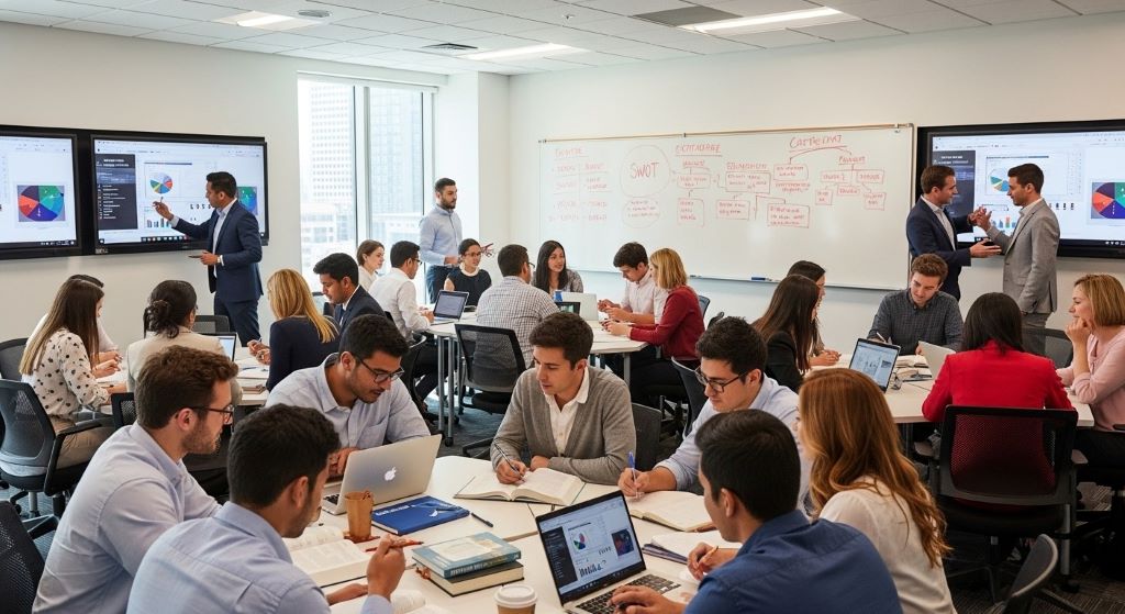 Business school classroom with students collaborating on MBA case study analysis and group project work