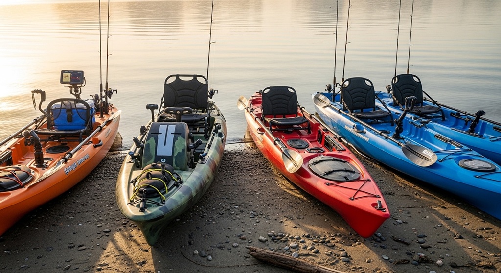 Modern pedal drive fishing kayak with rod holders and gear tracks