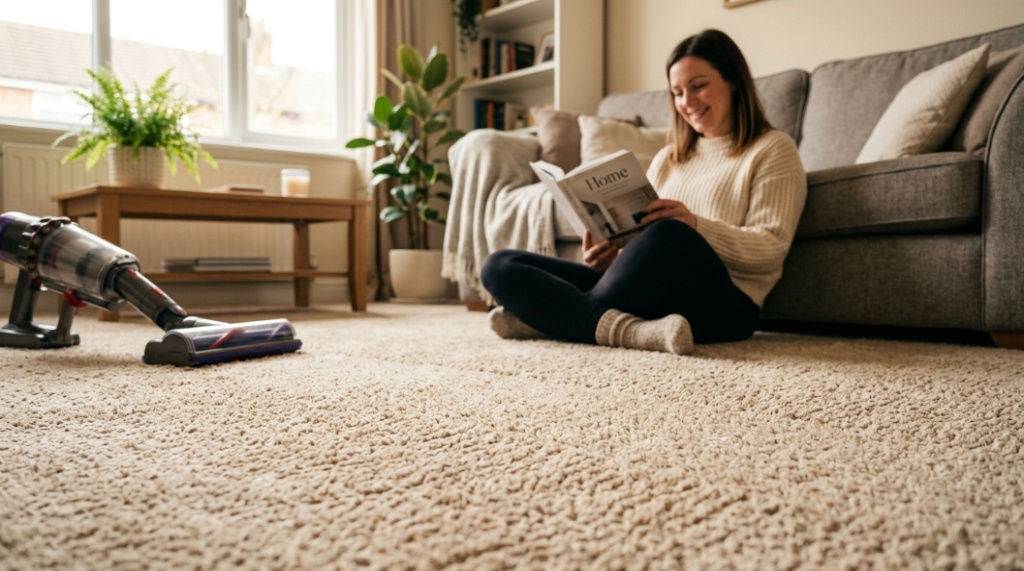 A perfectly clean and groomed beige carpet in a modern home after removing all hair and debris.