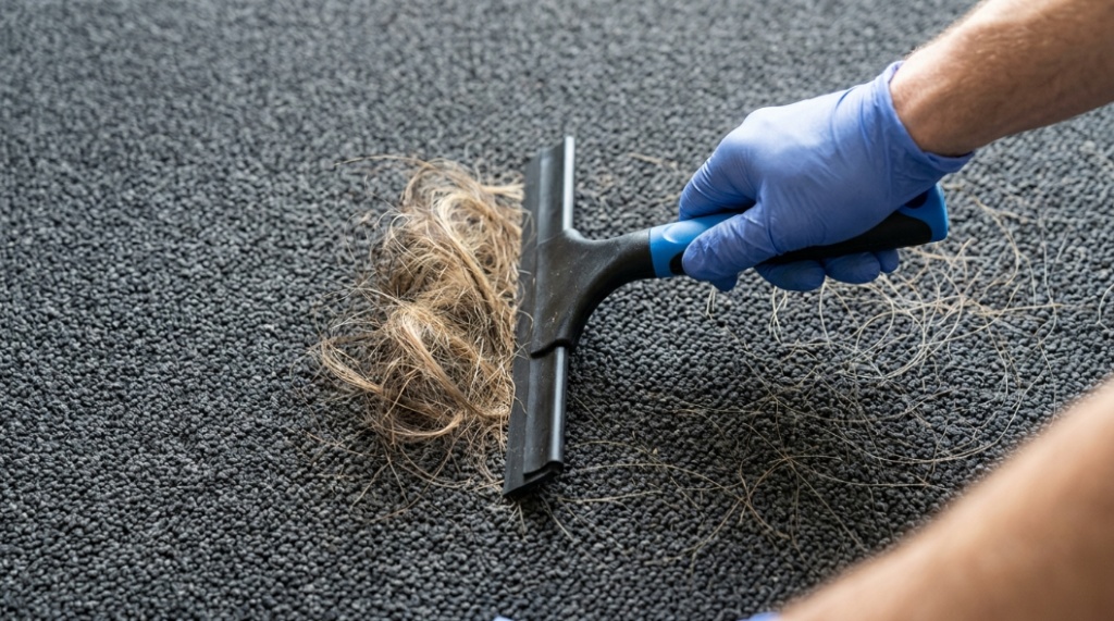 Close-up of a rubber squeegee pulling long hair strands out of thick carpet fibers into a pile.
