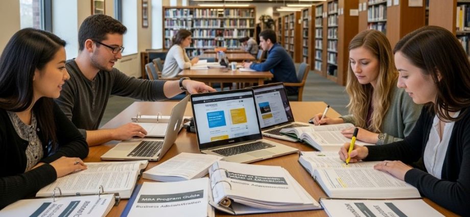 Graduate students studying in library with laptops and textbooks comparing MBA and Master of Education program requirements