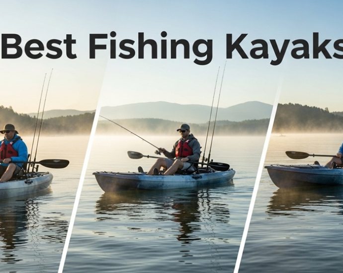 Angler standing on a stable fishing kayak in open water