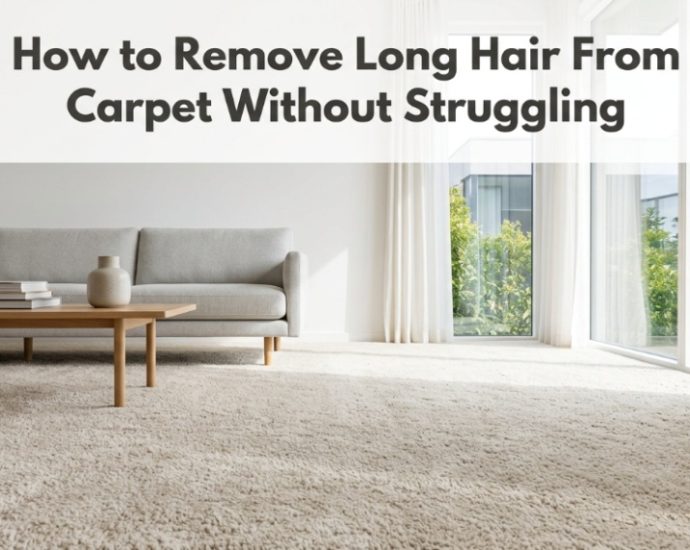 Featured image for a guide on removing long hair from carpets with a bright living room background.