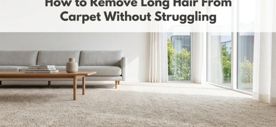 Featured image for a guide on removing long hair from carpets with a bright living room background.
