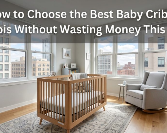 A modern Illinois nursery featuring a safe wooden baby crib near a sunny window.