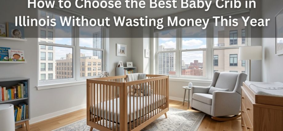 A modern Illinois nursery featuring a safe wooden baby crib near a sunny window.