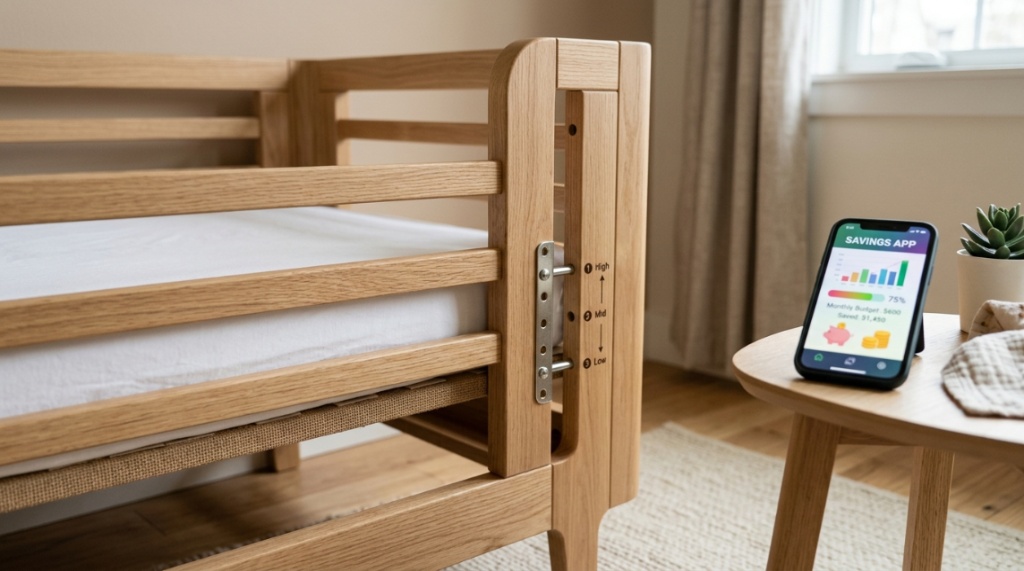 A mother gently places her sleeping newborn into a white wooden nursery crib.