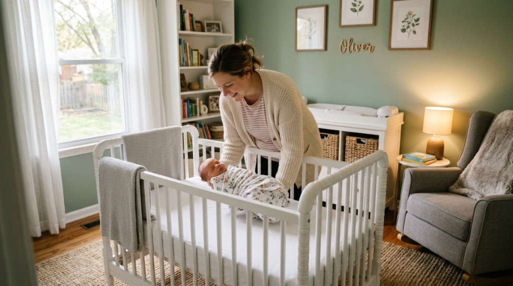Close up of an adjustable wooden baby crib mattress support frame.