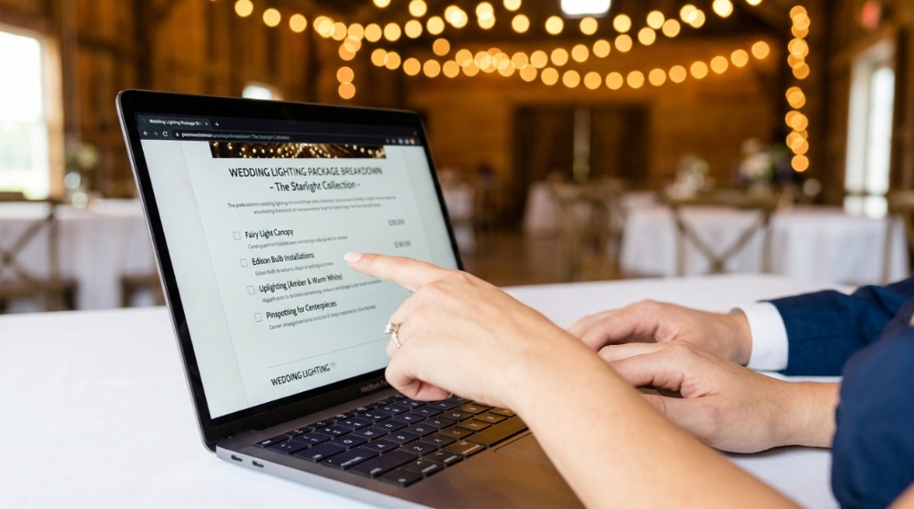 Couple reviewing a digital wedding lighting checklist on a laptop screen before booking.