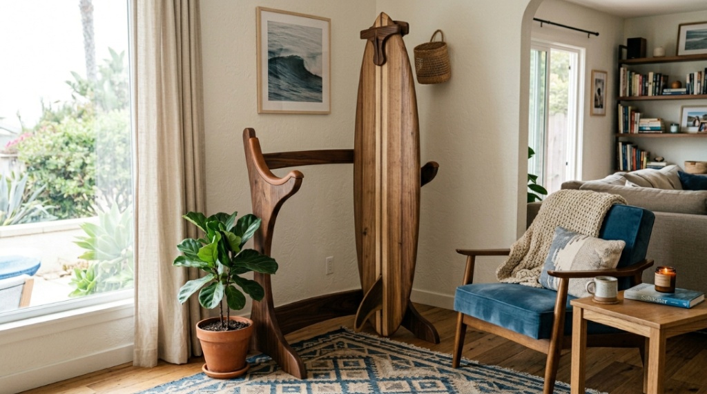 : Overhead ceiling rack storing longboards safely near a garage roof.