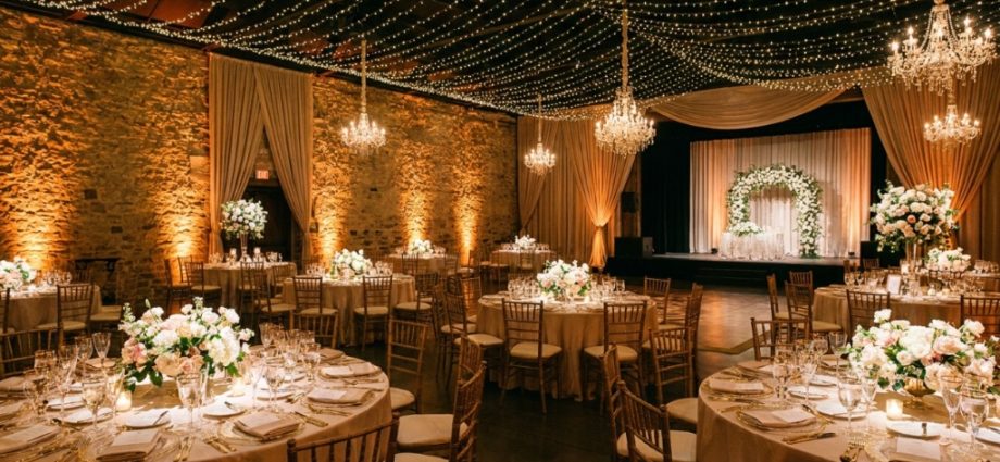 Elegant wedding reception hall illuminated by warm amber uplighting and twinkling ceiling fairy lights.
