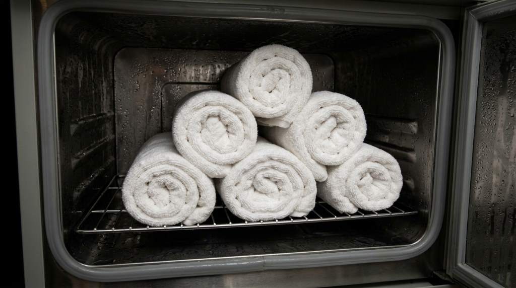 properly arranged towels inside a towel warmer cabinet