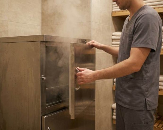 spa towel warmer with clean folded towels inside
